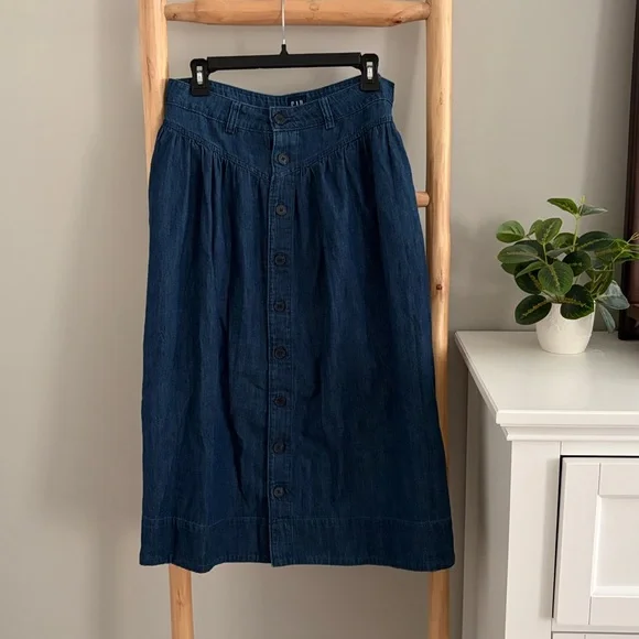 Gap Petite Denim Western Yoke Denim Midi Skirt Sz 29P - Picture 2 of 7